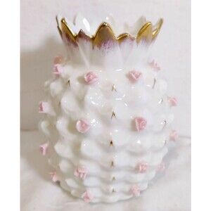 Vintage 1950s Lefton China Gold Gild Pineapple Vase With Pink Roses Pre Owned